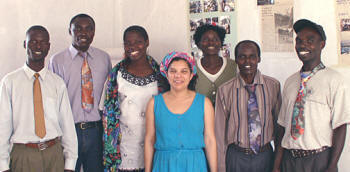 Pascale Dennery with Sunny Solutions project leaders in Nyakach, Kenya (left to right): Zone Supervisor Robert Ogaja, Project Assistant Simon Ogutu, Zone Supervisor Marion Anyango, Pascale Dennery, Project Officer Dinah Chienjo, Zone Supervisor Hesbon Bolo, Zone Supervisor Julius O. Ochieng