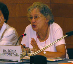 Advocacy group leader Sonia Heptonstall, a solar cooking representative at the UN in Geneva, shares her knowledge with other promoters.